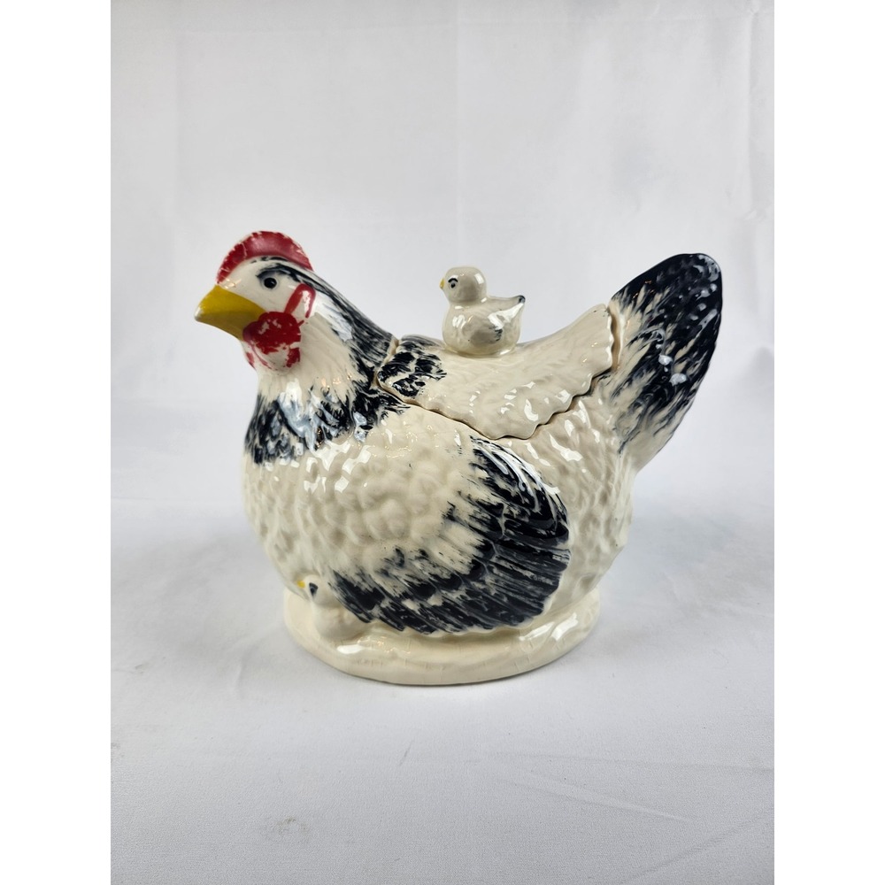 Vtg Morton Pottery Hen & Chick Cookie Jar Black White Rooster Farmhouse Decor